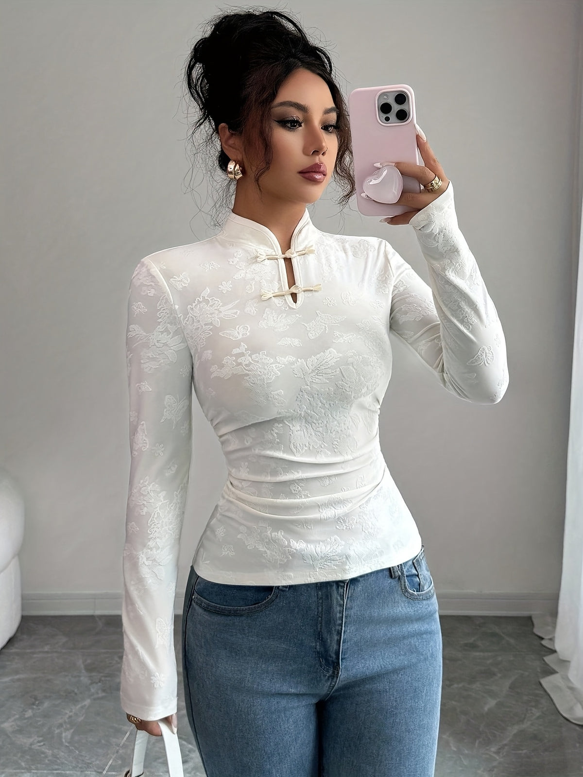 Women's Elegant Solid Color Long-Sleeve T-Shirt with Stand Collar - Slim Fit Blouse, Machine Washable Spring/Autumn Top for, Semi-Formal & Casual Wear - Versatile Plain Shirt