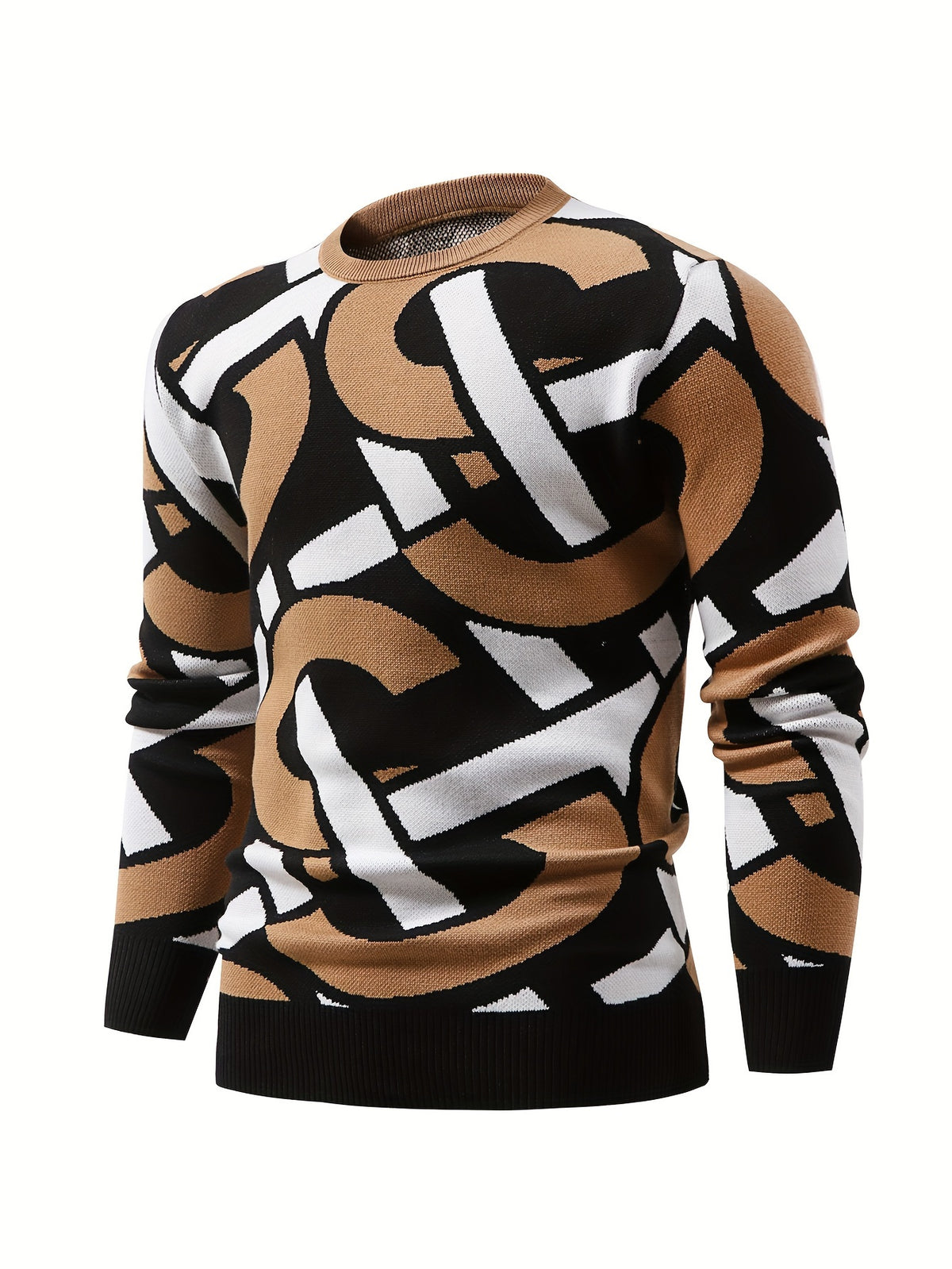 Iron Genghis OBM Men's Casual Long Sleeve Crewneck Sweatshirt - Striped Color-Block Knit Pullover with Ribbed Cuffs, 100% Polyester, High Elasticity, Autumn Winter Warmth, Black & Beige