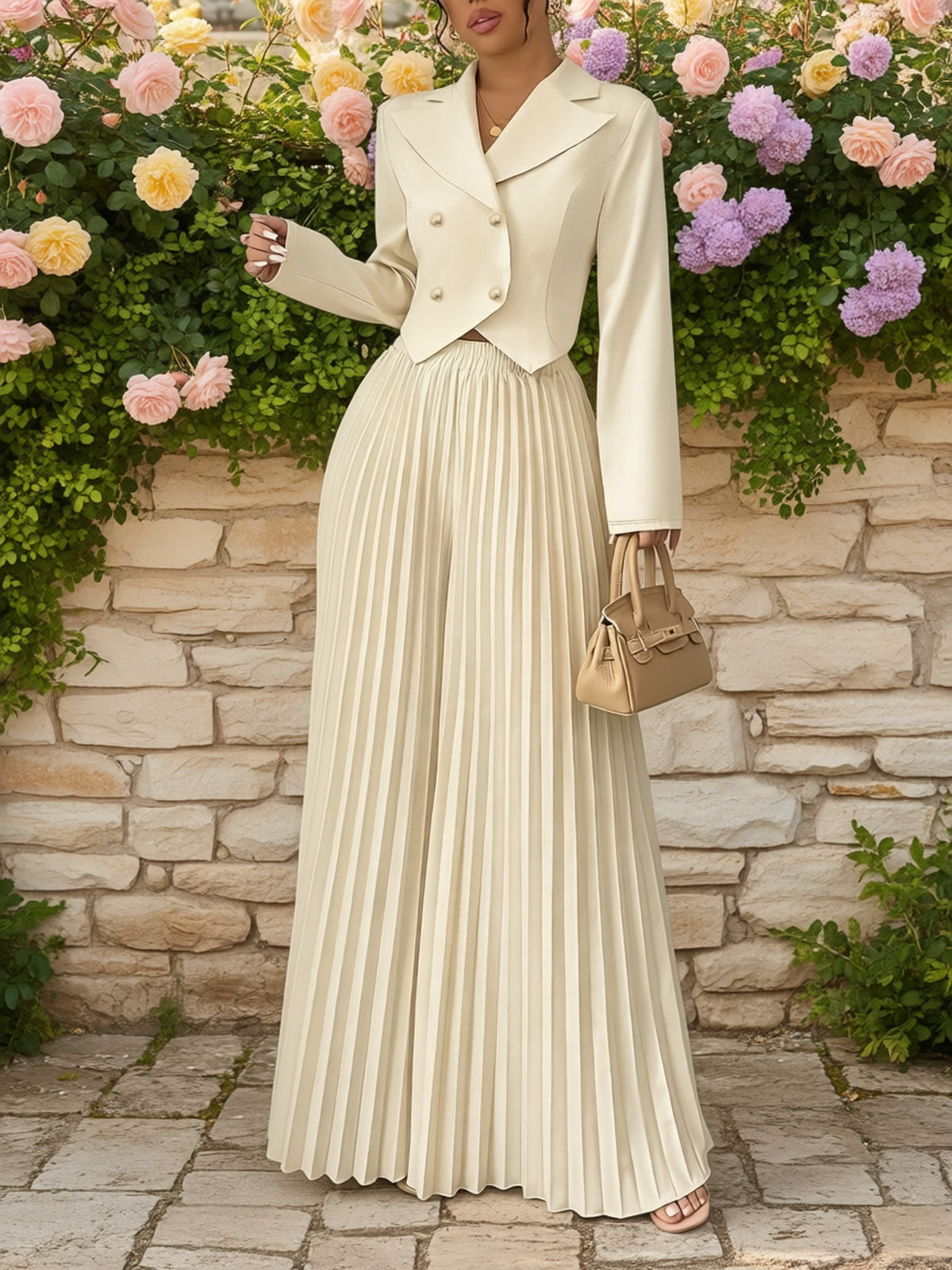 Elegant Women'S Double-Breasted Long-Sleeve Suit Set with Pleated Edges, Perfect for Commuting