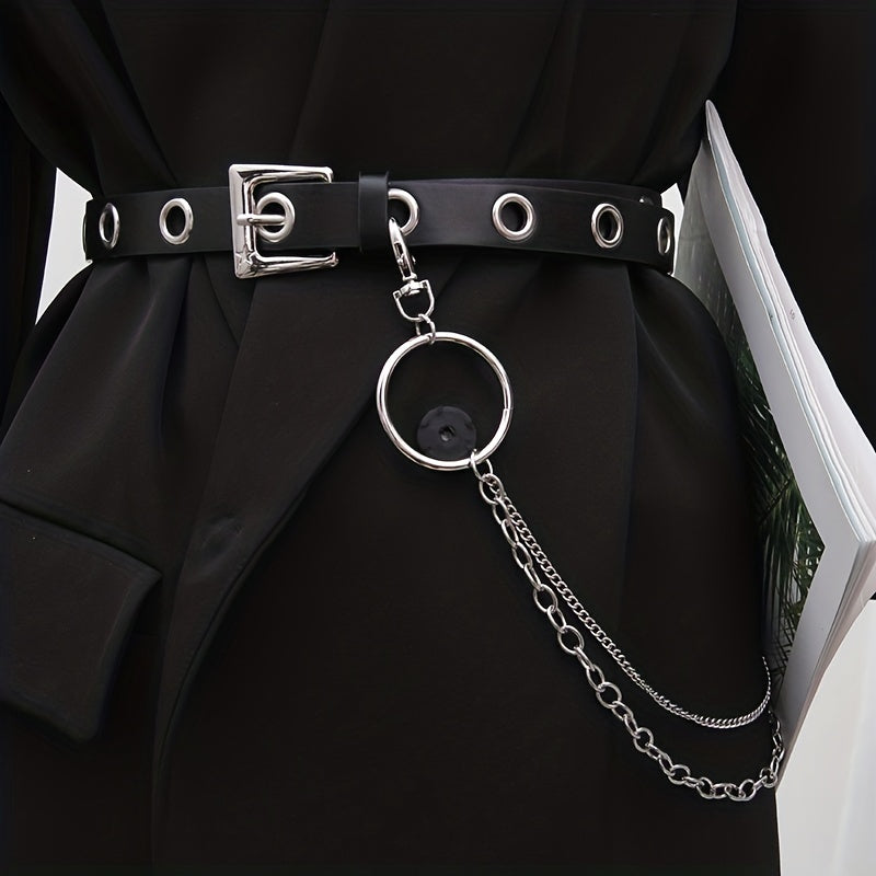 Hip Hop Chain Tassel Belts Punk Studded Pin Buckle PU Belt Y2K Unisex Black Casual PU Jeans Pants Belt For Women Men
