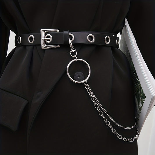 Hip Hop Chain Tassel Belts Punk Studded Pin Buckle PU Belt Y2K Unisex Black Casual PU Jeans Pants Belt For Women Men
