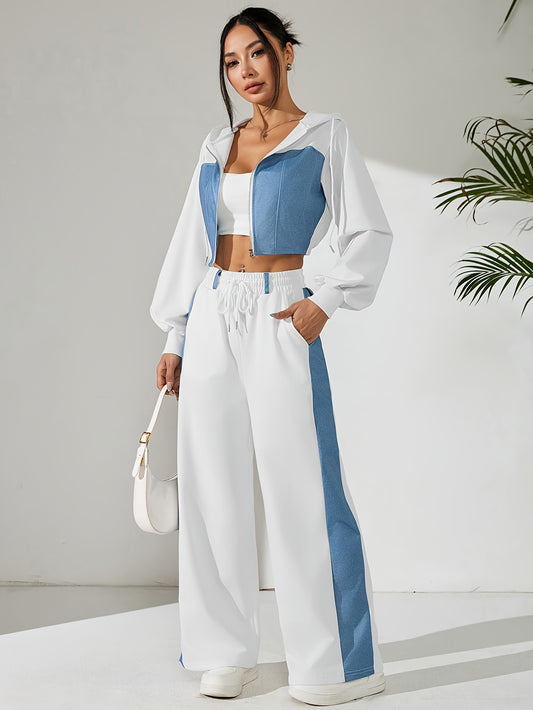 Women'S Suit Featuring a Two-Piece Set with Contrasting Colors, a Short Zip-Up Jacket with Long Sleeves for Spring And Autumn, Paired with Straight-Cut Elegant Casual Pants