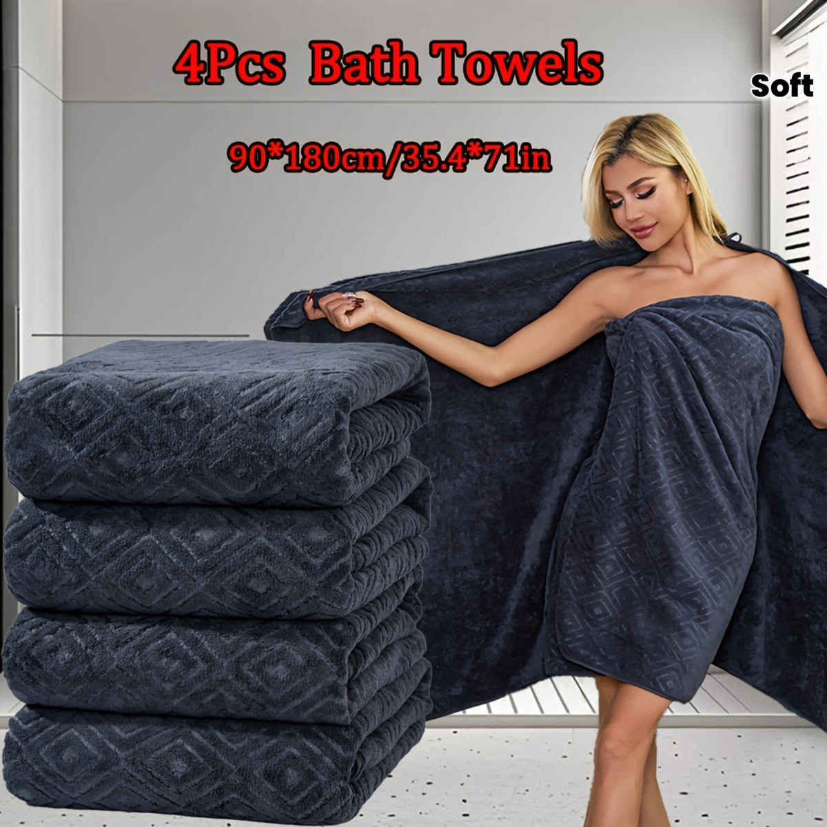 4pcs Bath Towels, 4pcs Bathroom Towel Set, 90*180cm/35.4*71in, Microfiber Material, Good Water Absorption, Soft and Comfortable, Multi-Color Optional, Suitable for Bathroom Shower, Hotel, Sauna, Fitness, Wash Cloths
