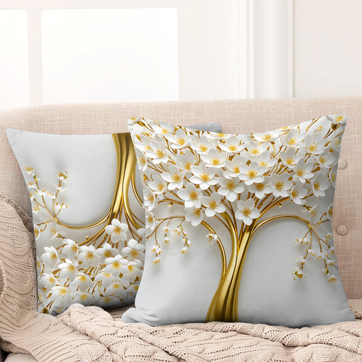 2pcs Elegant Golden Tree Design Throw Pillow Covers, 45.72x45.72 cm, Soft Plush Polyester, Double-Sided Print, Modern Art Style, Zipper Closure, Machine Washable for Living Room & Bedroom Decor - No Insert Included, Decorative Pillows