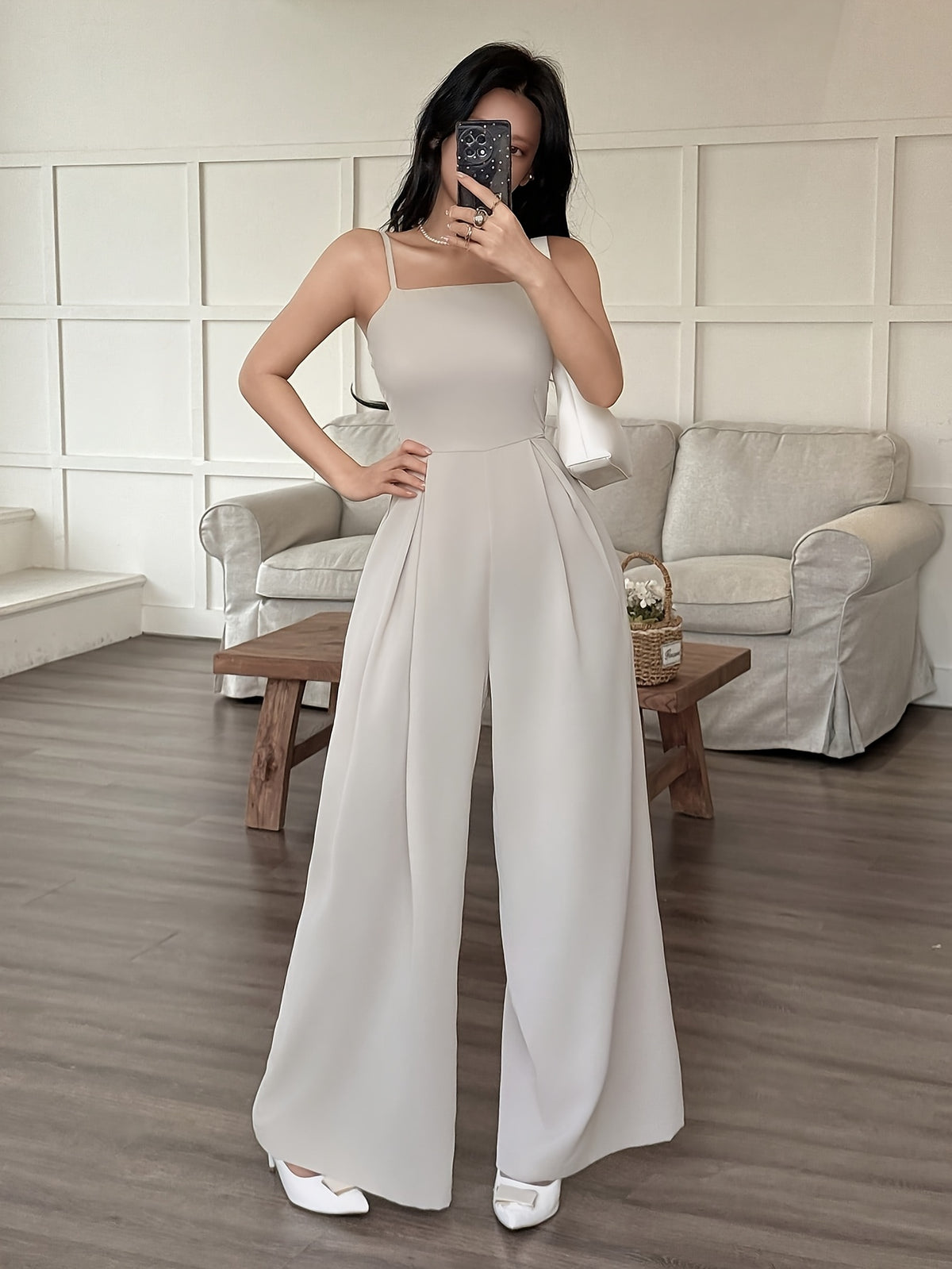 Wide-Leg Loose Solid Color with Ruched Design, Suitable for Summer Women'S Casual Wear