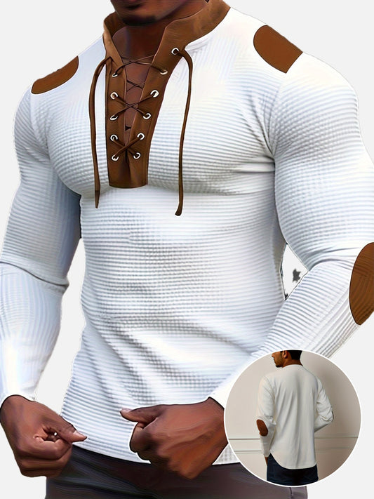 Men's Color-Block Long Sleeve Sport Shirt with Stand Collar & Cross Strap Detail - Breathable Moisture-Wicking Fabric, Regular Fit for Gym, Casual & Streetwear - Spring/Autumn Essential, Workout Shirts, Activewear Top, Waffle Texture, Comfortable Materia