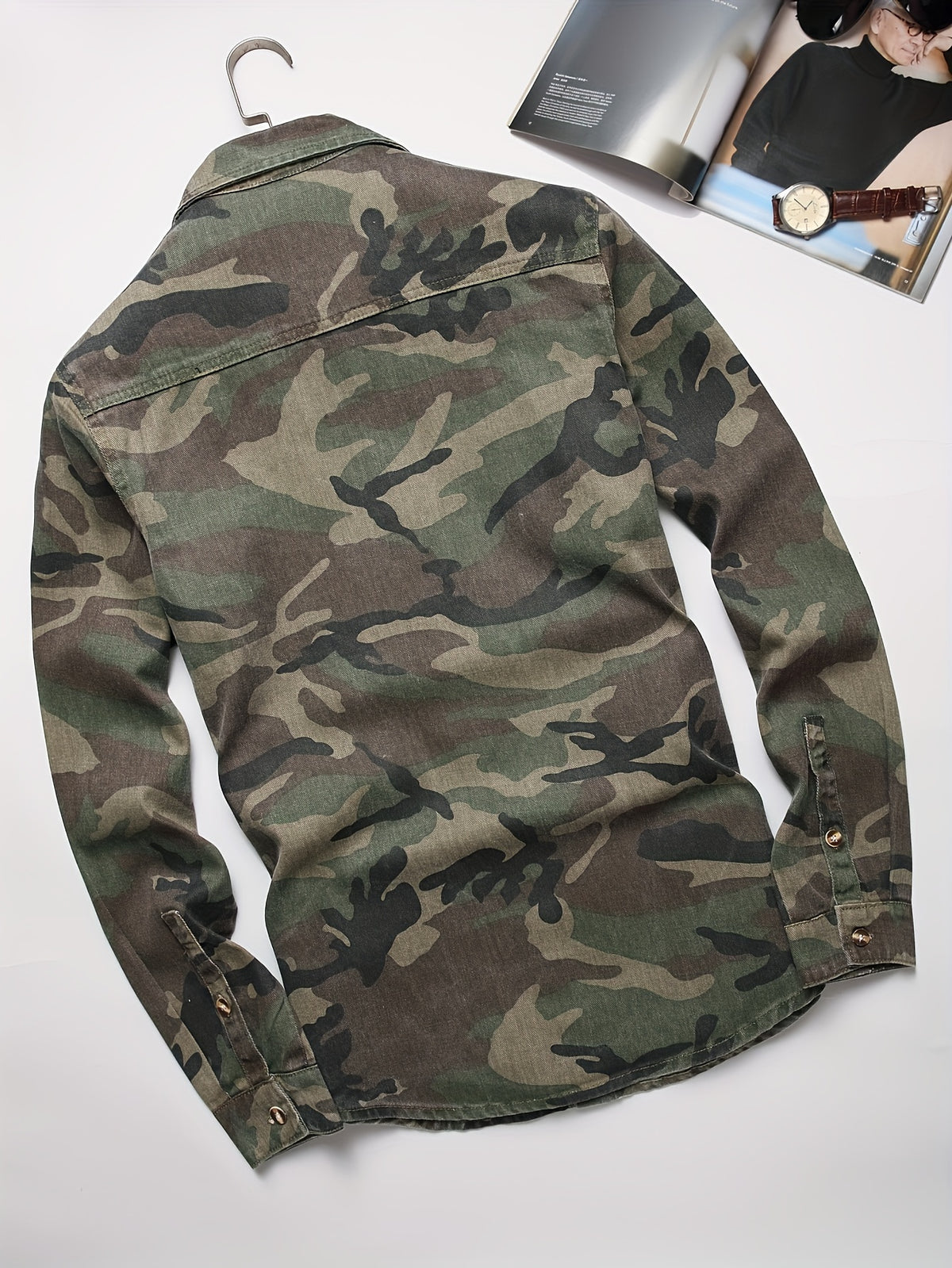 Men'S Camouflage Shirt - Button-Up Long Sleeve Formal & Everyday Shirt in Green/Brown/Black/Gray/White/ - Non-Stretch Fabric for Office, Outdoor, Casual Events - Spring/Fall Business-casual Attire, Outdoor Clothing, Classic Collared Design, Durable Fabri