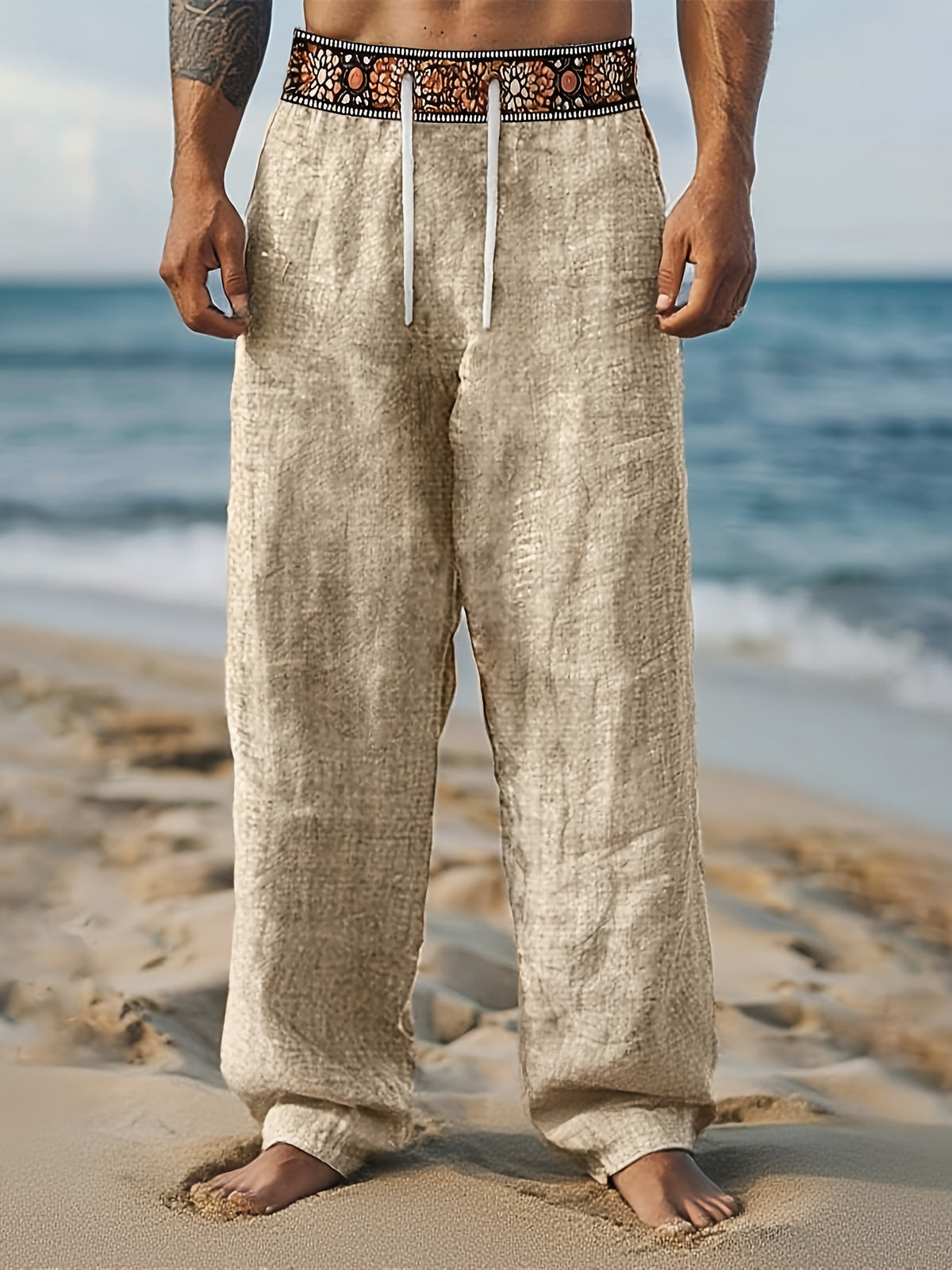 Men'S Casual Long Pants, Beach Trousers, Long Style, Daily Wear, Holiday, Travel, Drawstring Waist, Green, Khaki