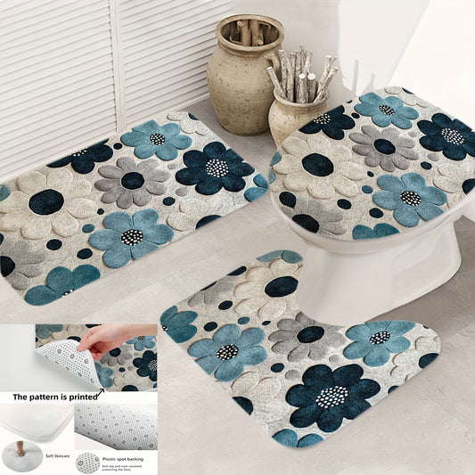 3pcs Retro Style Colorful Sunflower Pattern Flat Print Bathroom Mat Set, Toilet Lid Cover, U-Shaped Toilet Pad, Flannel Material, Soft Surface, Washroom Decorative Floor Mats - Printed Rugs