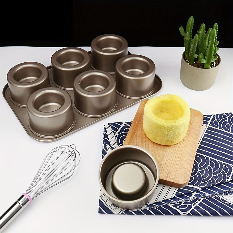 Golden Double-Sided Six-Cup Non-Stick Coating Convex Column Design Cake Mold, Quick Release Non-Stick, Smooth Rounded Edge Design, Stable Non-Slip Bottom, Suitable for Home, Party, Bakery Making Bread and Cakes, Essential Baking Supplies