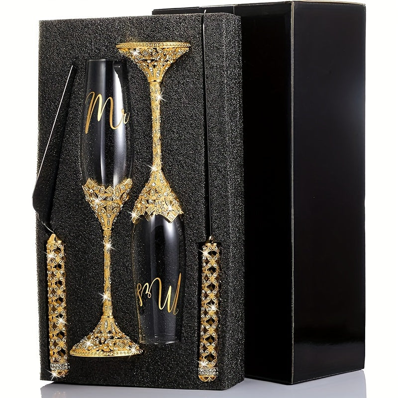 4pcs Wedding Champagne Flutes and Cake Knife Server Set - Elegant Crystal Rhinestone-Adorned Glasses with "Mr. & Mrs." Lettering, Reusable for Wedding Reception
