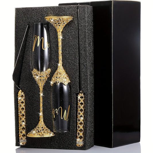 4pcs Wedding Champagne Flutes and Cake Knife Server Set - Elegant Crystal Rhinestone-Adorned Glasses with "Mr. & Mrs." Lettering, Reusable for Wedding Reception