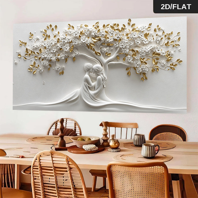1pc Large Modern Minimalist Frameless White & Golden Tree of Love Couple Embrace Wall Art - 31.49"x62.99" (80x160cm) White & Golden Leaf Pattern Canvas Painting for Living Room, Bedroom - Lovers Under Flowering Tree Poster, No Frame Needed, 2D Flat