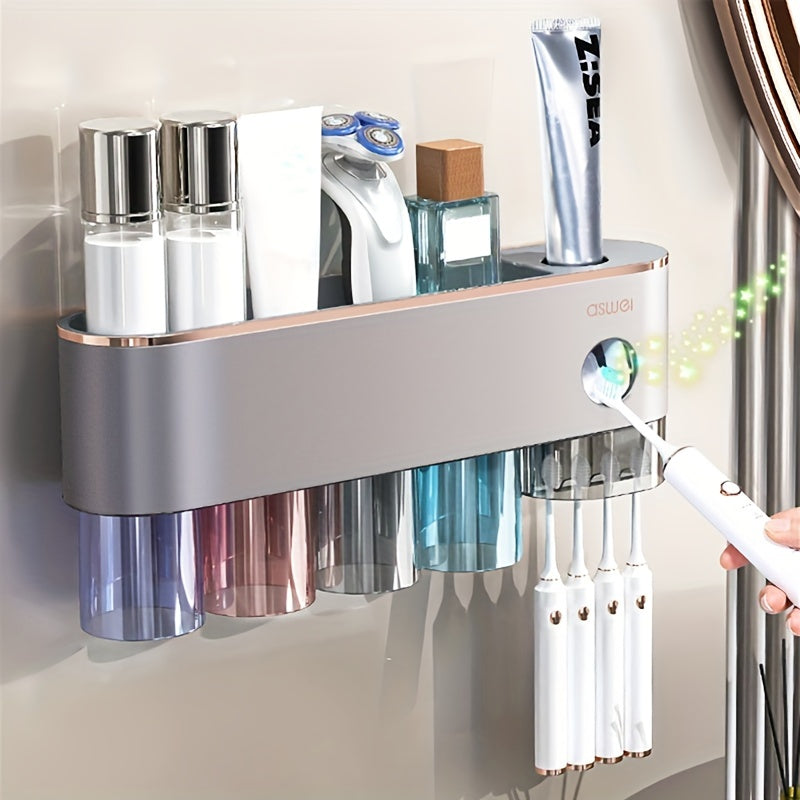 1 Set Of Bathroom Accessories Family Combination Wash Cup Set Free Of Punching Installation Stainless Steel Toothbrush Holder With Automatic Toothpaste Dispenser