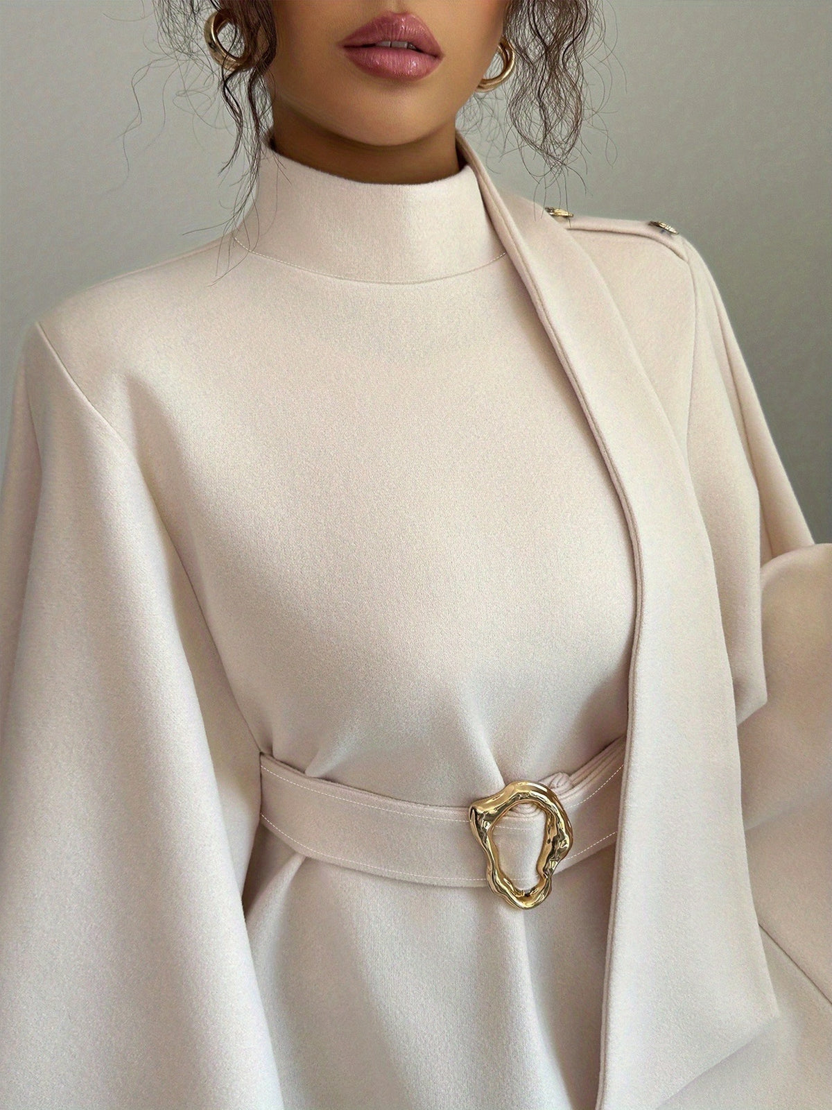 Elegant And Fashionable New Adult Women'S Solid Color Warm Stand-Up Collar Loose Batwing Sleeve Long-Sleeved Belted Waist Women'S Coat