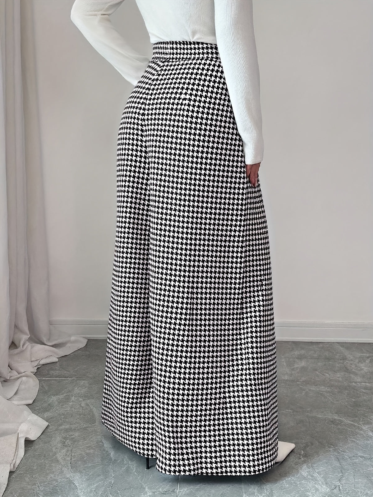Women'S Stylish Casual Wide-Leg Trousers; Houndstooth Print; Decorative Buttons; High-Waisted Wide-Leg Casual Pants