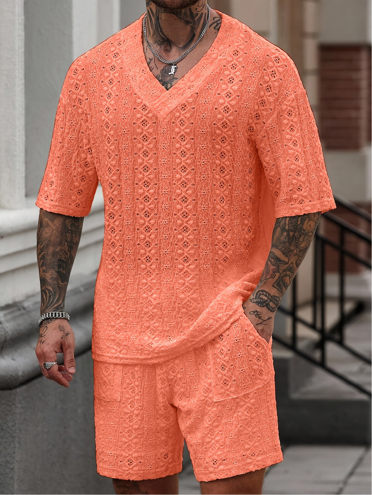 Men'S Knitted Textured Pattern T-Shirt Set Men'S V-Neck Knitted Textured Short-Sleeved Breathable T-Shirt Set Men'S Two-Piece Summer Crochet Two-Piece Set Men'S 2pcs Set Men'S Summer Set