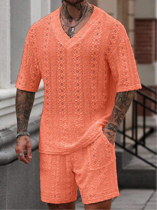 Men'S Knitted Textured Pattern T-Shirt Set Men'S V-Neck Knitted Textured Short-Sleeved Breathable T-Shirt Set Men'S Two-Piece Summer Crochet Two-Piece Set Men'S 2pcs Set Men'S Summer Set