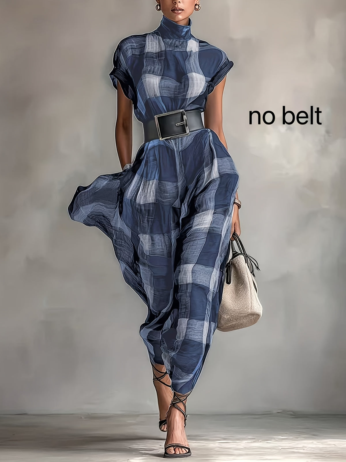 ISAMANNER-BK1201016 Elegant Vintage Loose Waist High Neck Plaid Dress for Spring And Summer Without Belt - YL25348