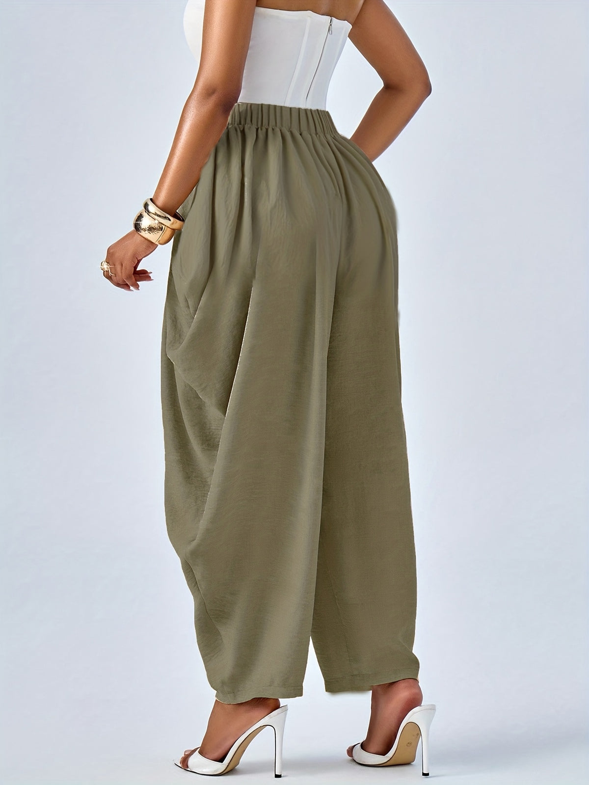 Women's Casual Elastic Waistband Slightly Flared Elegant Pocket Long Pants for Outings