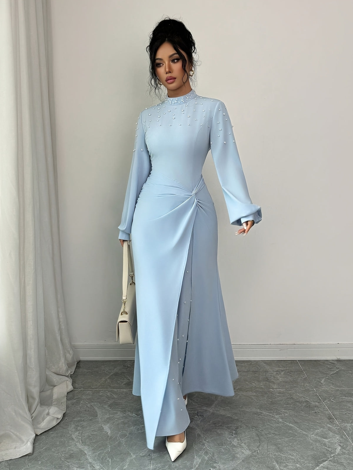 Women'S Fashion Elegant High-End Direction Stand Collar Twist Knot High Slit Long Dress Elegant Evening Party Dress Light Blue Rhinestone Long Sleeve Dress Women'S Elegant Casual Dress, Party Dress, Evening Party Dress, Long Dance Dress, Dresses