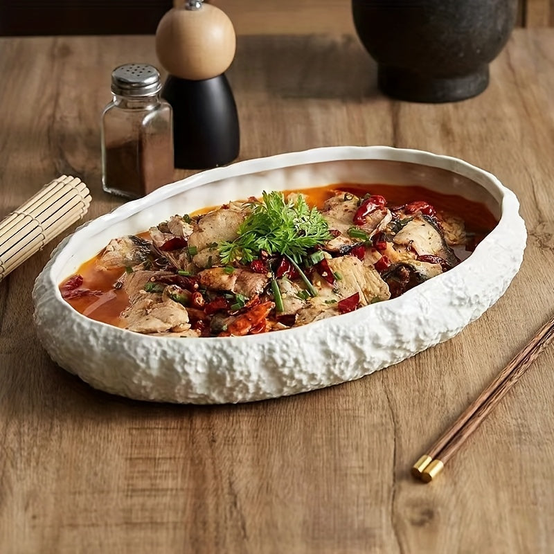 Large Oval Ceramic Seafood Steaming Plate with Rock Texture Design – Elegant White Serving Dish for Lobsters, Snails, and Deep Stews – Perfect for Home, Hotel, and Club Dining