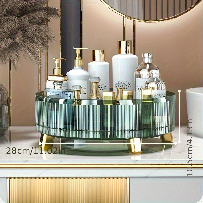360° Rotating Makeup Organizer - Luxurious Green & Golden Cosmetic Storage, Holds Perfumes, Ideal for Vanity, Bathroom & Kitchen Countertops, Spacious Plastic Holder, No Electricity Needed