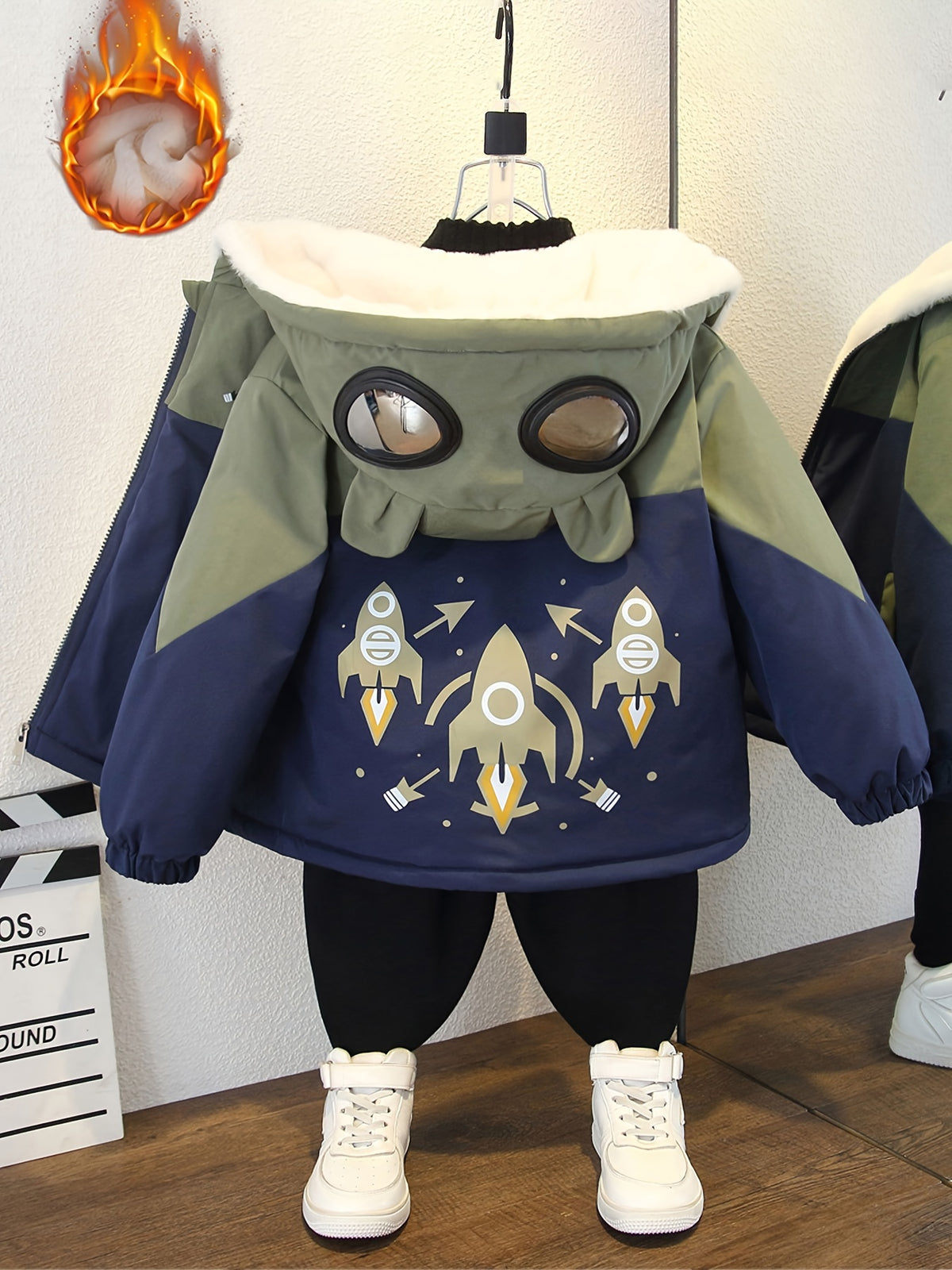 Boys' Casual Fleece Parka with Hood, Long Sleeve, Zippered Closure, Color Block Pattern, Rocket Print, Polyester 100% - Loose Fit, Woven, Non-Stretch, All-Season Warmth