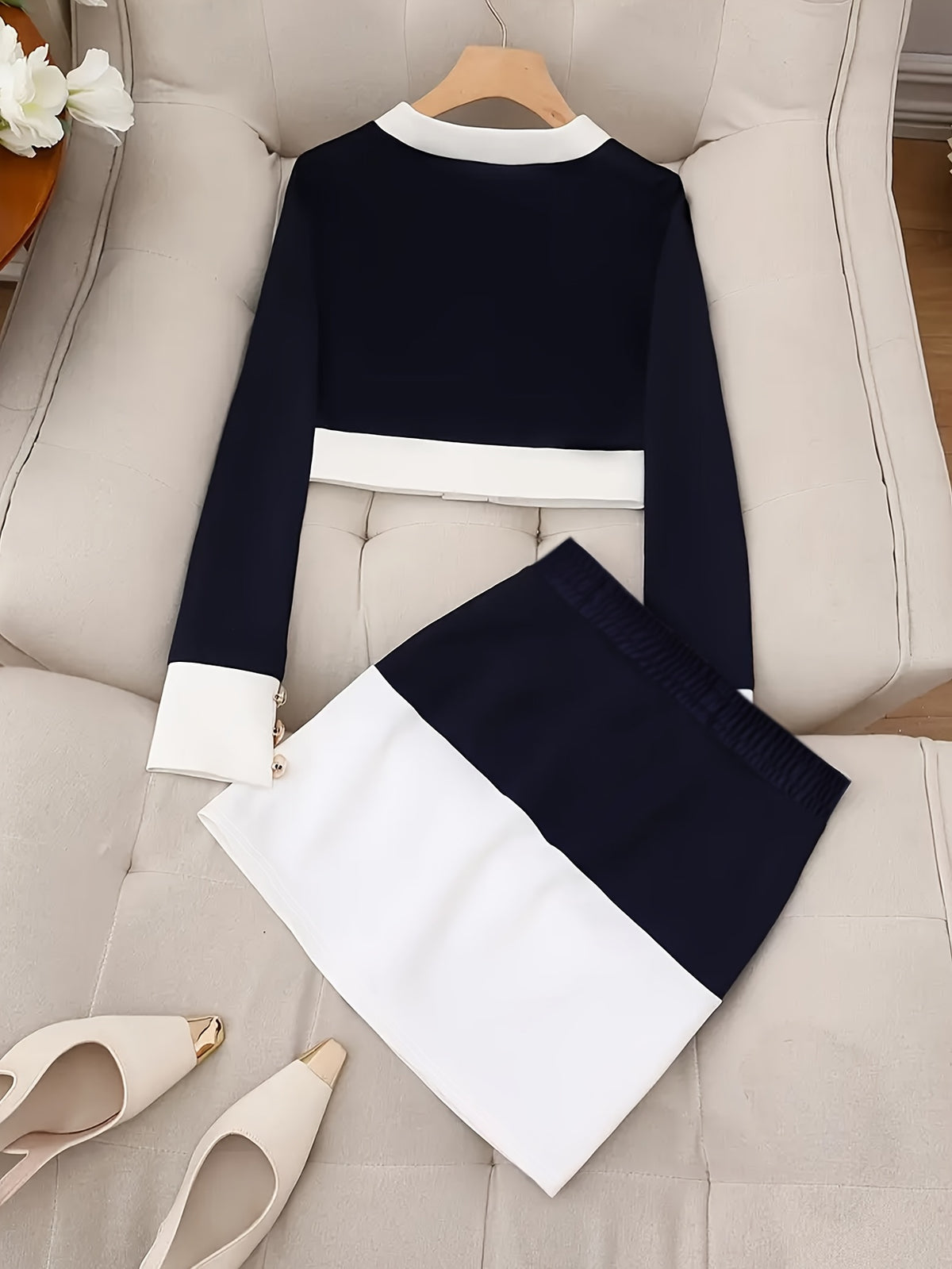 Spring/Summer Sexy Elegant Navy Style Metal Decor Two-Piece Set, High-Waisted Split Skirt with Halter Neck Top