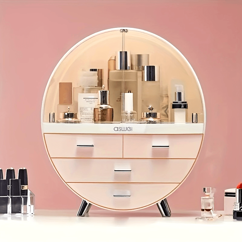 1pc Round Cosmetic Organizer With Drawers, Large Capacity Plastic Makeup Storage Box, Desk Vanity Case, Stylish & Space-Saving For Dresser And Bathroom