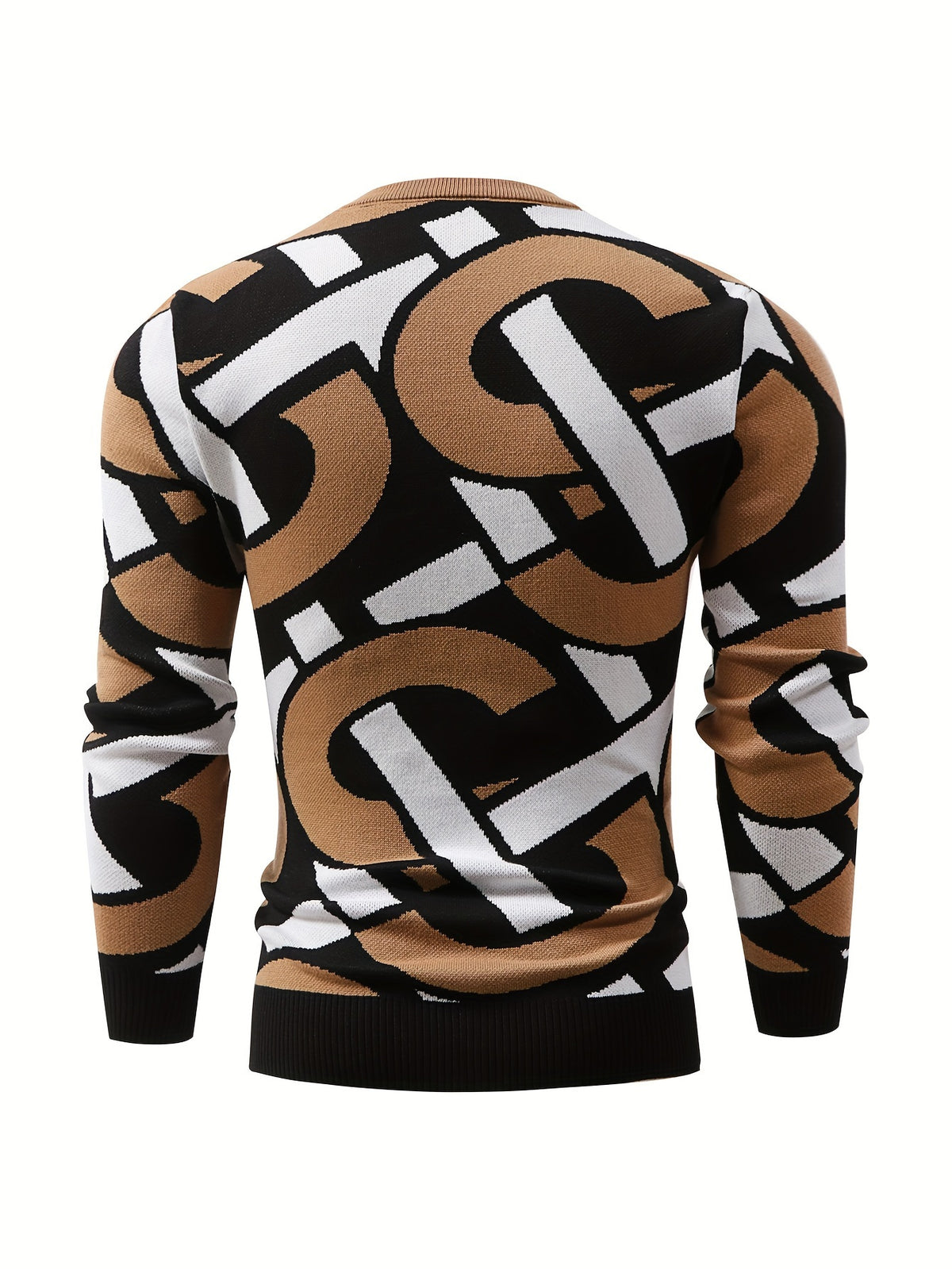 Men's Geometric Irregular Pattern Knit Sweater, Crew Neck, Stretch Polyester, Warm Innerwear Top for Fall/Winter, Regular Fit, Ribbed Detail