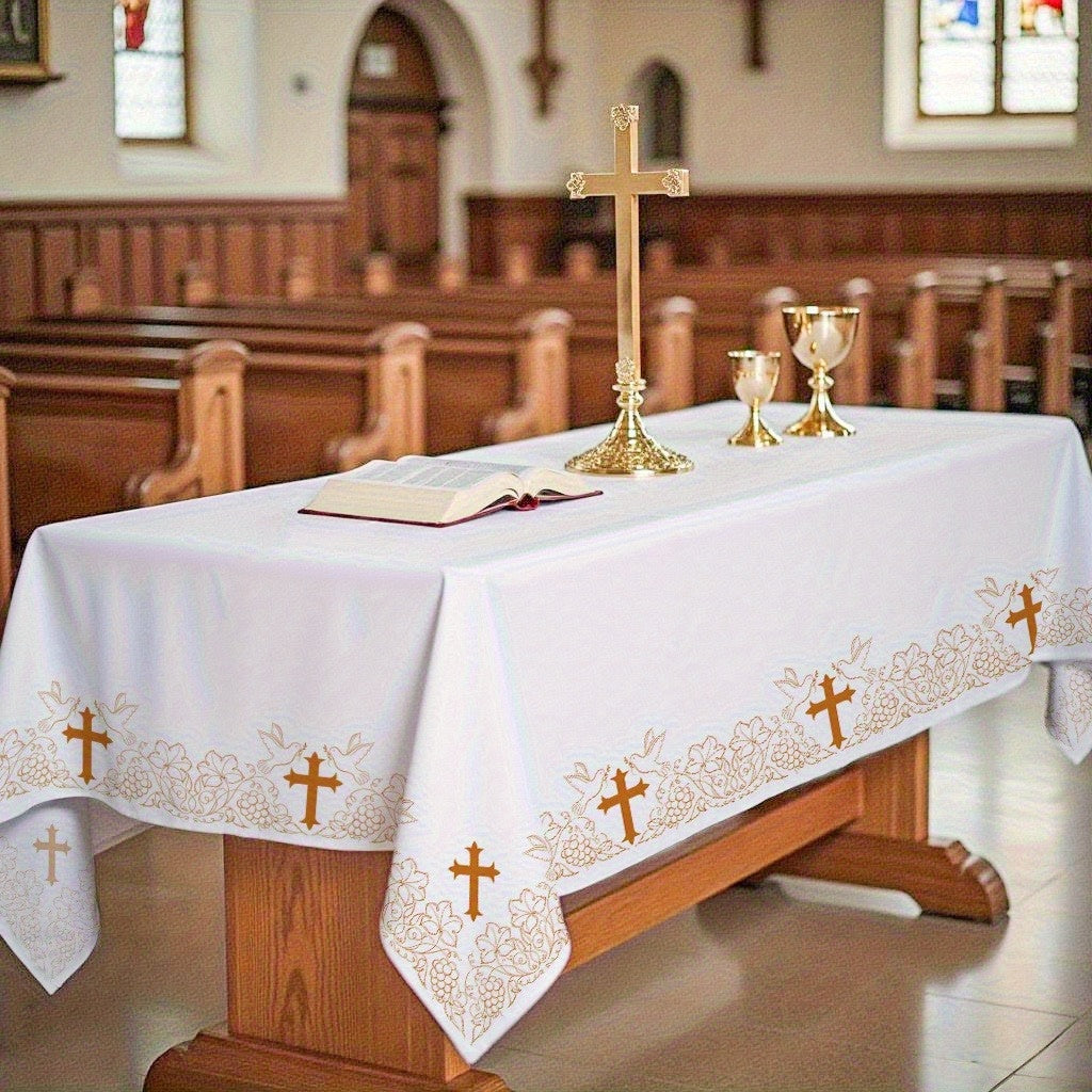 1pc Elegant White Rectangular Polyester Tablecloth with Golden Cross Pattern and Vine Print - Ideal for First Communion, Baptism, Christmas, and Easter Church Ceremonies - Indoor/Outdoor Use, Festive Tablecloth | Decorative Altar Cover | Fabric, Church D
