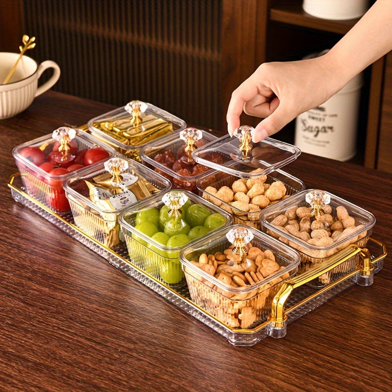 A Snack Tray with 8 Compartments Made of Food-Safe Plastic, Suitable for Nuts, Fruits, Candies, And Chips - Elegantly Decorated in Golden for Home Entertainment, Party Snack Table Decor, And a Golden-Plated Serving Tray.