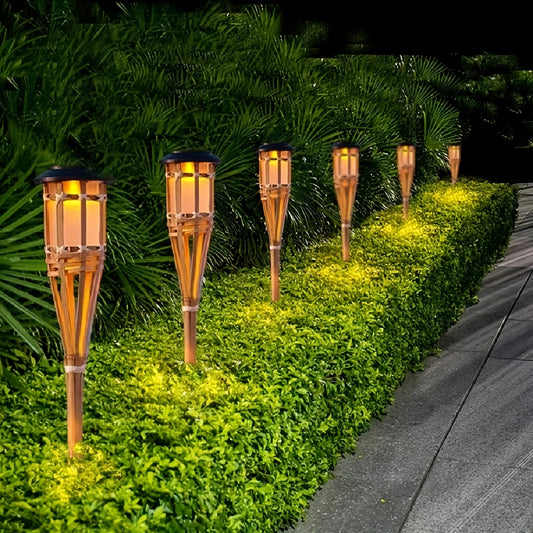 Solar-Powered 12 LED Bamboo Flame Lantern - Outdoor Solar Garden Light with Realistic Flames, Ideal for Pathways, Lawns, and Parks, Outdoor Lighting|Flame Design Lantern|Solar Charged Battery, Solar Lights