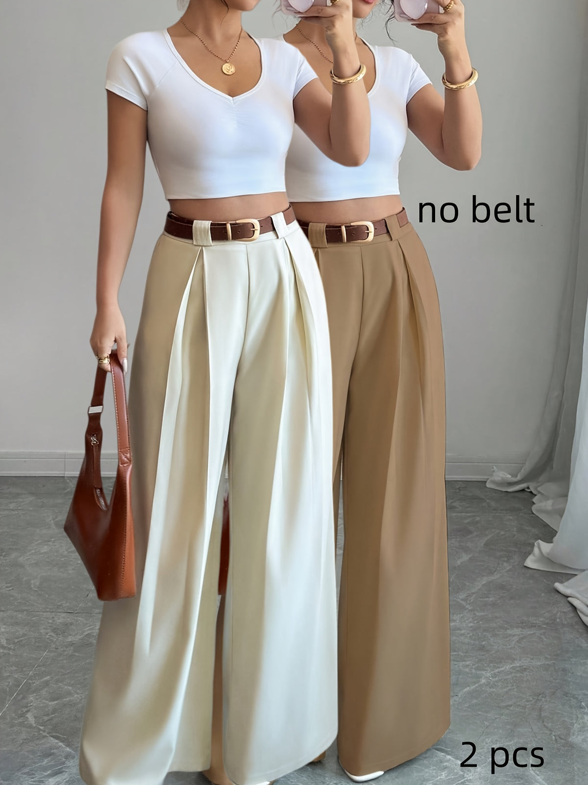 Women'S 2Pcss High-Waist Solid-Color Trousers Set, Elegant Style, Suitable for Daily And Work Occasions, Graduation Ceremony, Retro Music Festival, Horse Racing Competition, Independence Day Celebration, Spring, Summer, Autumn Wear. 2Pcss