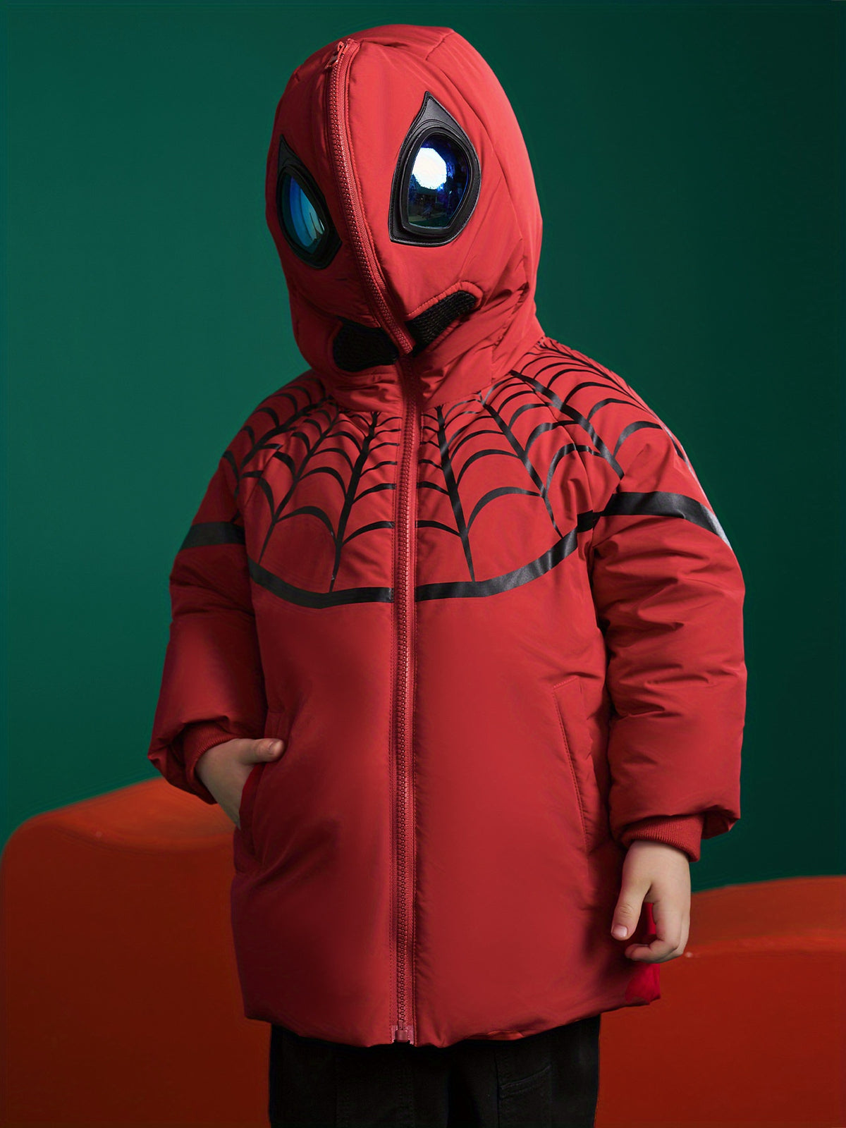 ASK JUNIOR Boys' Spider Pattern Hooded Jacket - 90% White Duck Down, Casual Style with Pockets, Long Sleeve, Drop Shoulder, Regular Fit for Winter Daily Wear & Themed Parties, Winter Coat, Playful Design, Durable Outerwear