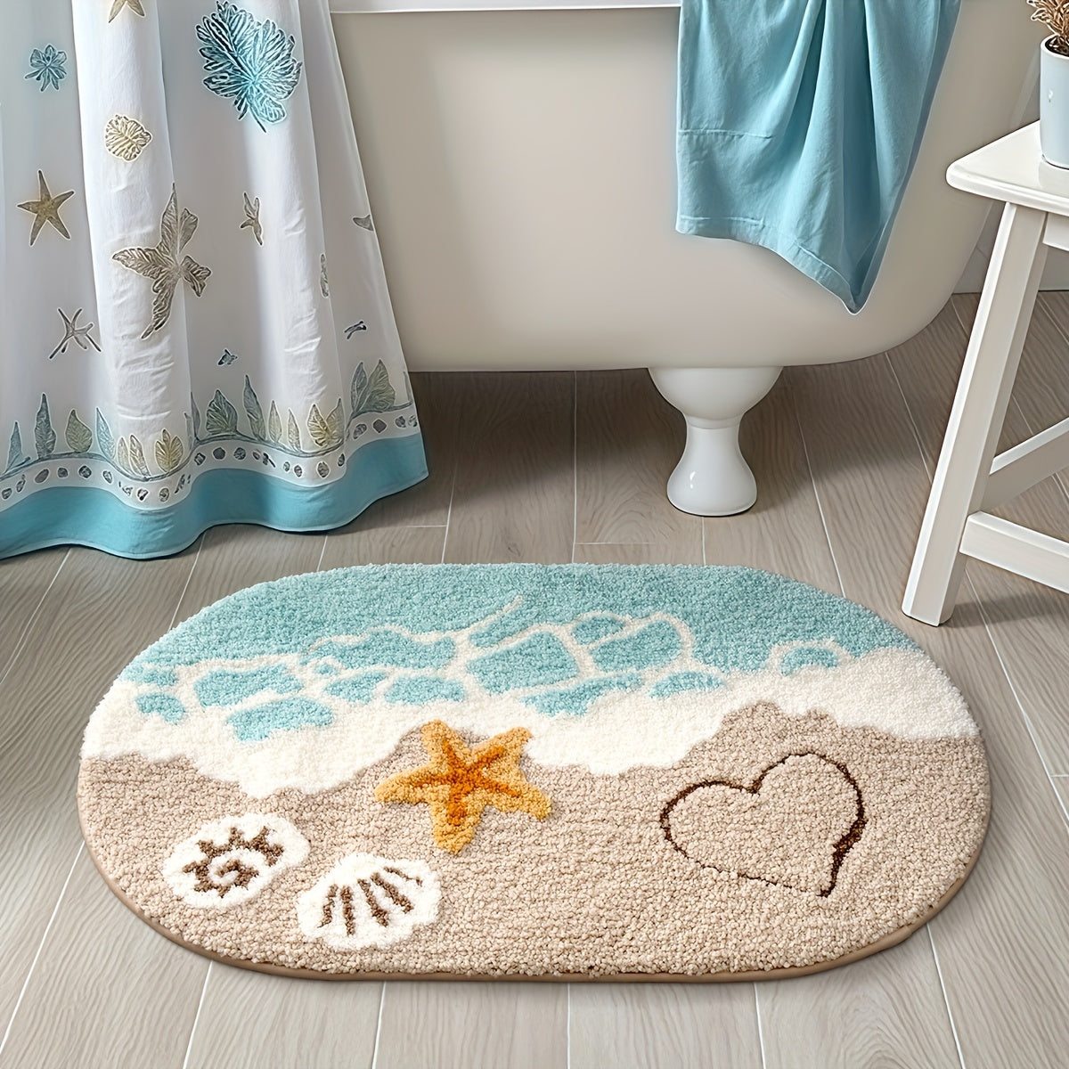 1pc Dajiang Oval Plush Bath Mat - Non-Slip, Absorbent, Beach-Themed with Starfish & Heart Design, Soft Polyester & TPR Backing, Machine Washable, Ideal for Bathroom & Home Decor, Spring/Summer Seasonal Decoration, Bathroom Mat, Bathroom Flooring Whole Fl