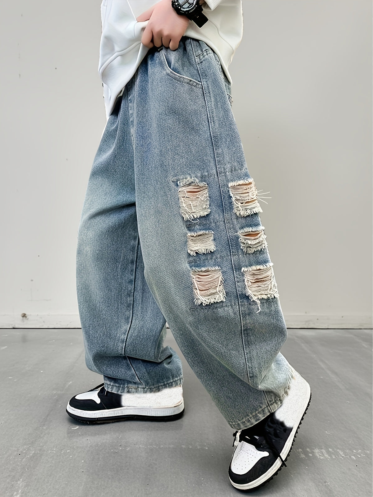 Boys' -Wash Blue Distressed Denim Jeans - Heavyweight 100% Casual Pants with Frayed Hem & Ripped Knee Design, Spring/Fall Season Comfortable Casual Attire for Teen Boys (Hand Washable) - Ideal for Layering & Casual Outfits, Relaxed Fit with Classic Five-