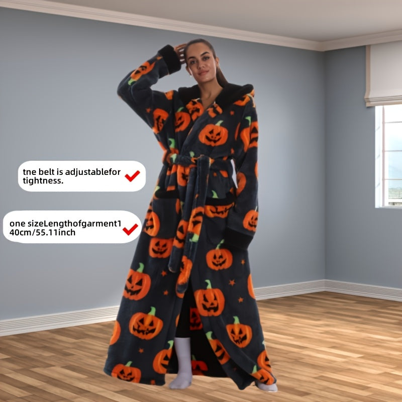 2025 New Style Pumpkin Home Dress - Essential for Christmas & Halloween - Winter Style - Fleece Style - Hooded - with Belt - Warm Long-Sleeved Hoodie; Indoor Bathrobe - Extended & Thickened Warm Gift - Premium Pumpkin Printed Color Series, Holiday Robe,