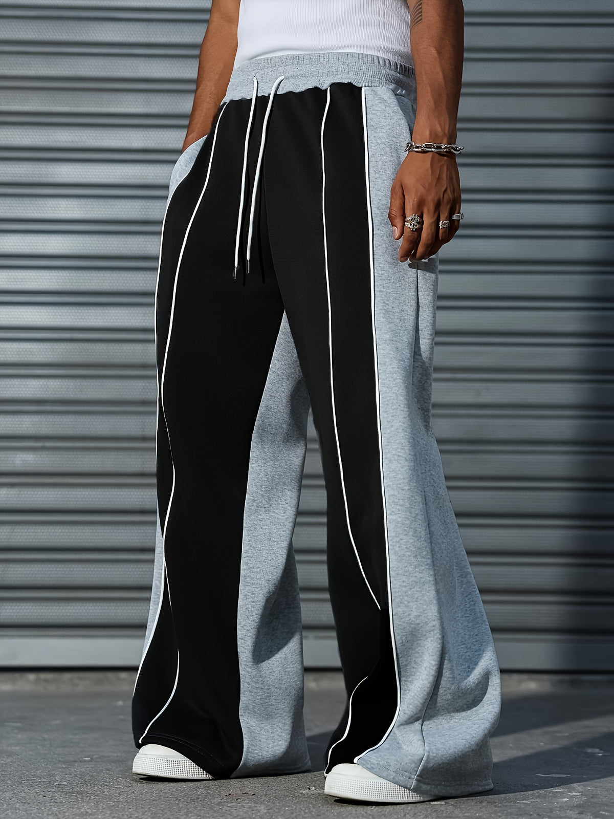 Men'S Casual Athletic Pants, Outdoor Color-Block Loose Comfortable Straight Leg Trousers