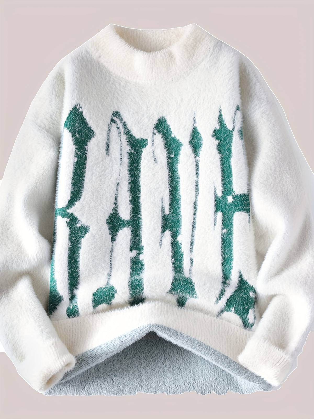 Men'S Cozy Fleece-Lined Knit Sweater - "RANIF" Graphic, Long Sleeve, Crew Neck, Casual Pullover for Fall/Winter, with Green Lettering, Comfortable and Stylish, Winter Clothing | Graphic Sweater | Nylon Knitwear