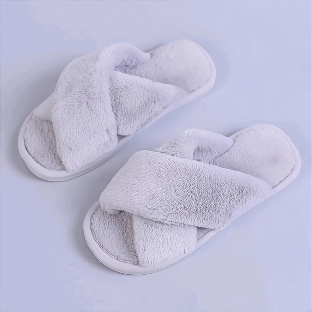 Cozy Crisscross Furry Slippers - Women's Warm Plush Fuzzy Flat Open Toe Home Shoes with Soft Comfy Insoles - Perfect for Lounging Around the House
