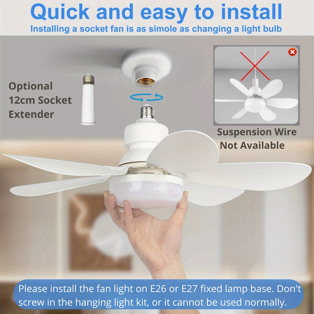 LED 40W Socket Ceiling Fan with Light, 20.5in Screw Ceiling Fans with Lights with Remote, For Bedroom/Garage/Kitchen