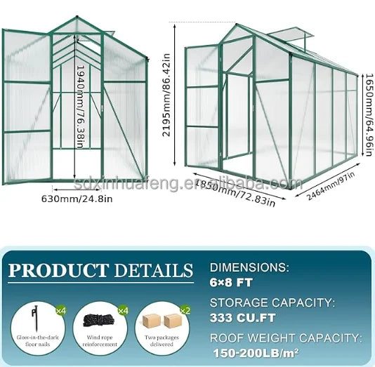 6*8FT  Free Shipping in Stock Polycarbonate Greenhouse with Stronger Wind Protection and Roof Vent, Walkin  Backyard Sunroom