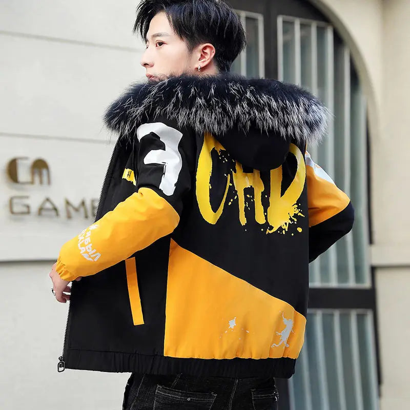 2023 Fashion Winter Jacket Men Big Cool Fur Collar Casual Parka Outwear Thicken Warm Hooded Coat Mens Winter Jackets And Coats