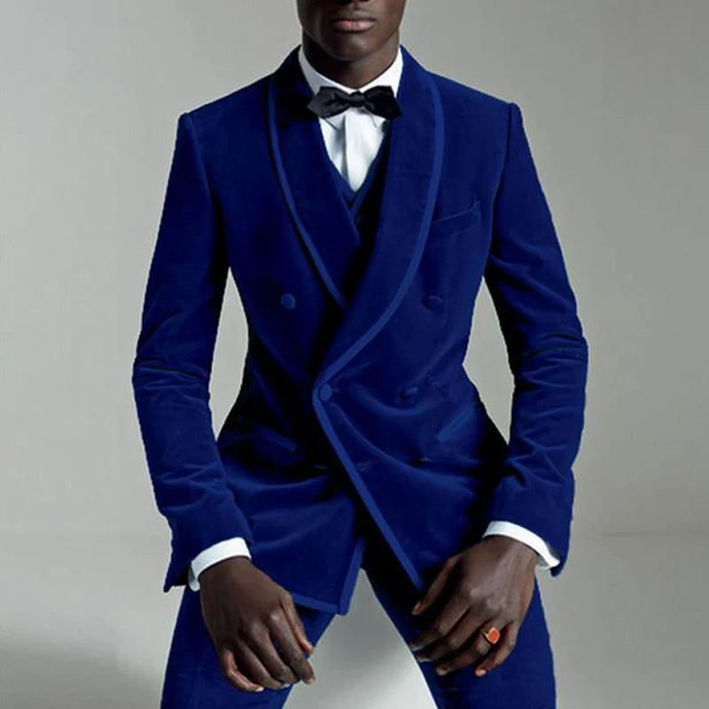Tailor-made Brand Royal Blue Velvet Suits for Men Slim Fit Best Man Groom Wedding Suit Tuxedo Shawl Lapel Blazer Vest Pants 3Pcs