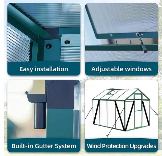 6*8FT  Free Shipping in Stock Polycarbonate Greenhouse with Stronger Wind Protection and Roof Vent, Walkin  Backyard Sunroom