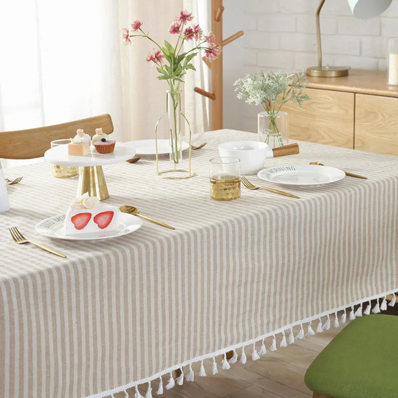 CFen A's Quality Dining Tablecloth Rectangle Cotton Linen Stripe Print Table Cloth Tassels Home Kitchen Banquet Table Cover 1pc