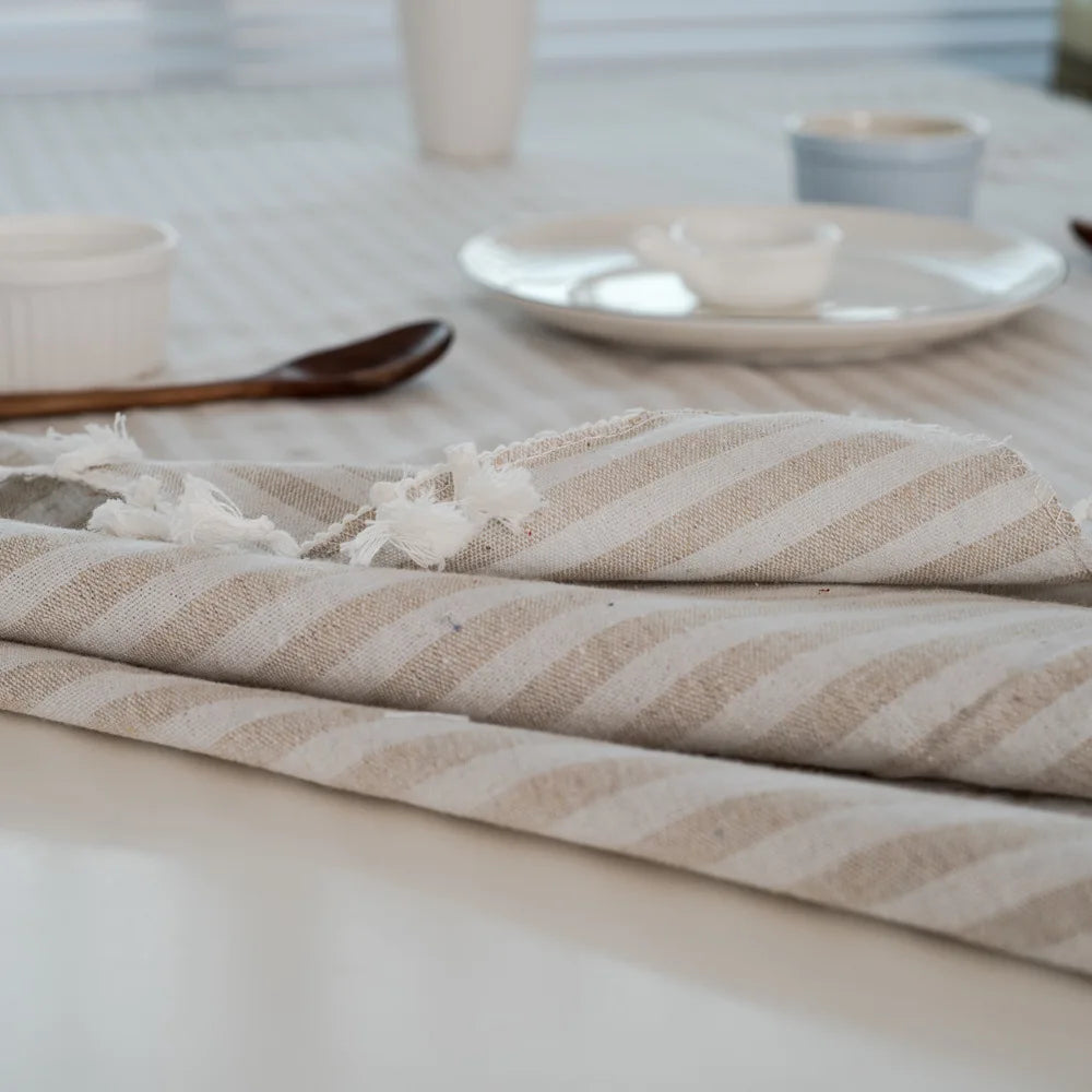 CFen A's Quality Dining Tablecloth Rectangle Cotton Linen Stripe Print Table Cloth Tassels Home Kitchen Banquet Table Cover 1pc