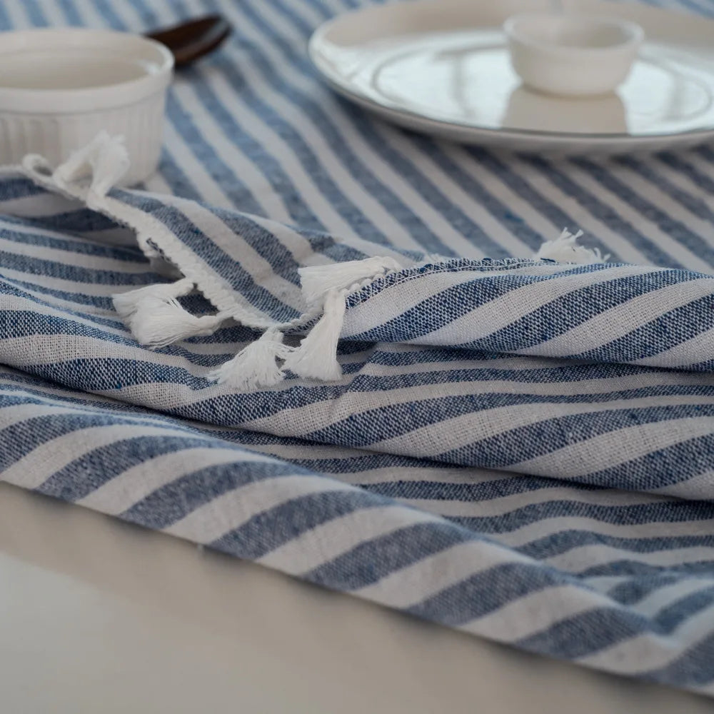 CFen A's Quality Dining Tablecloth Rectangle Cotton Linen Stripe Print Table Cloth Tassels Home Kitchen Banquet Table Cover 1pc